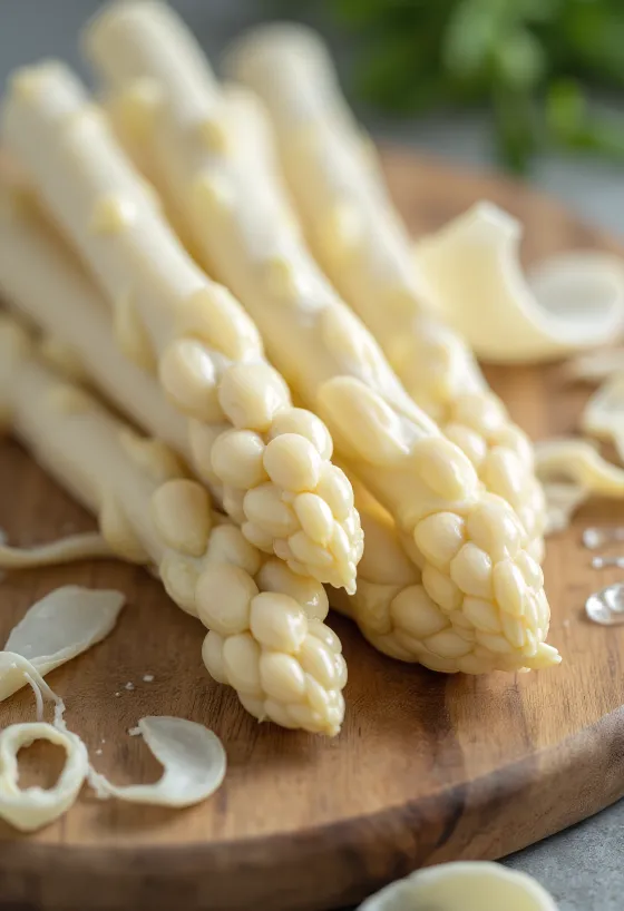 Verse witte asperges met een elegante uitstraling op een rustieke houten achtergrond