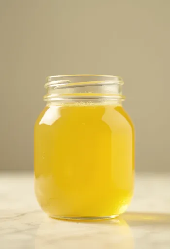 Goudgele ghee in een glazen potje met houten lepel