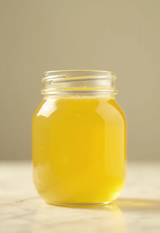 Goudgele ghee in een glazen potje met houten lepel