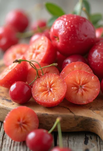 Verse acerola kersen, heel en doorgesneden, op een neutrale ondergrond