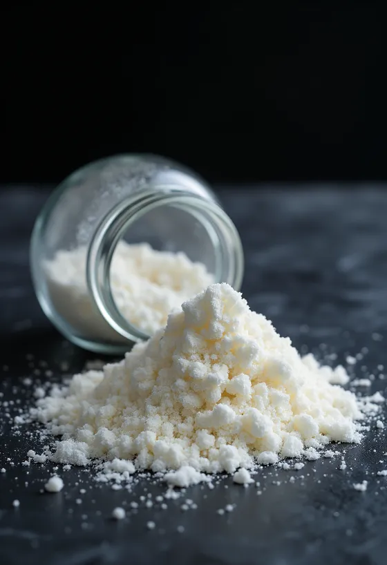 Agar-agar poeder in een glazen potje en op een houten lepel