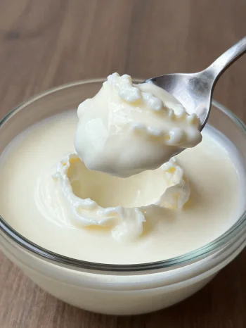 Zure melk in een rustieke keramische kom, met lepel en licht wei-achtig oppervlak