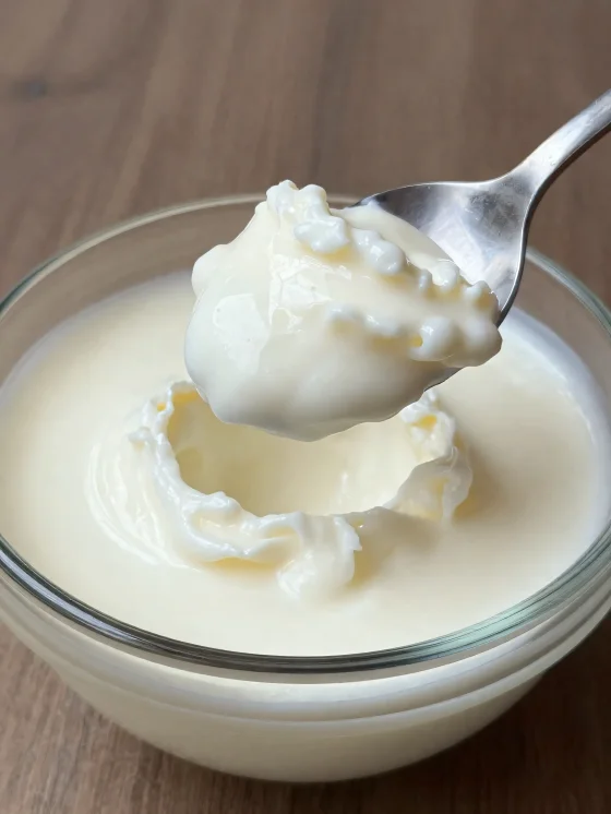 Zure melk in een rustieke keramische kom, met lepel en licht wei-achtig oppervlak