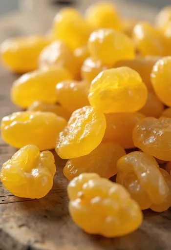 Gouden rozijnen in een kom, met verse groene druiven, amandelen en honing