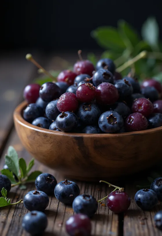 Verse aroniabessen, heel en doorgesneden, donkerpaars van kleur