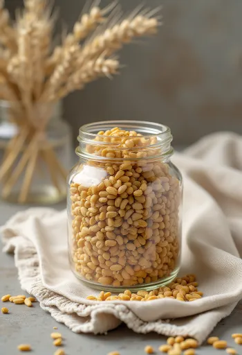 Gerstezemelen in een keramische kom en verspreid op een houten keukenoppervlak