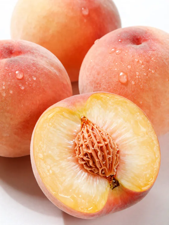 Hele en gesneden perziken op een houten tafel, naast een glas perziksap