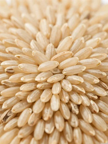 Rauwe zilvervliesrijstkorrels in een rustieke kom op het aanrecht