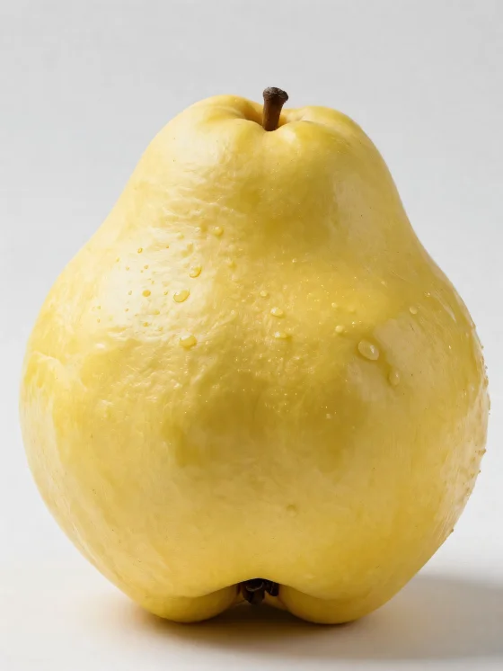 Hele en gesneden kweepeer op een houten oppervlak, met groene bladeren