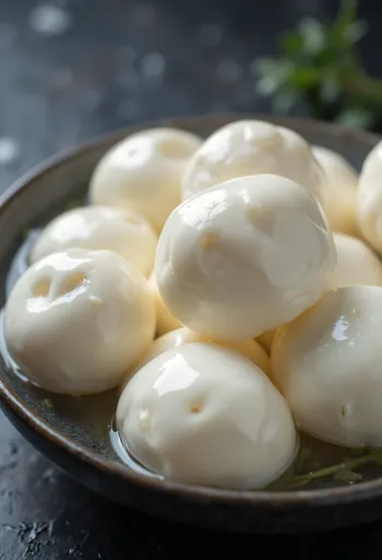 Verse bol buffelmozzarella in een witte schaal op een houten tafel