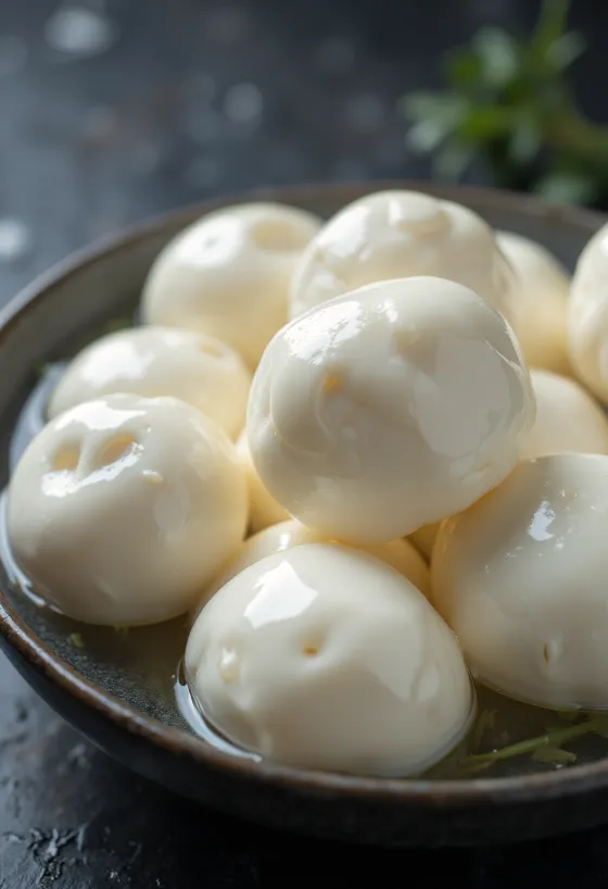 Verse bol buffelmozzarella in een witte schaal op een houten tafel