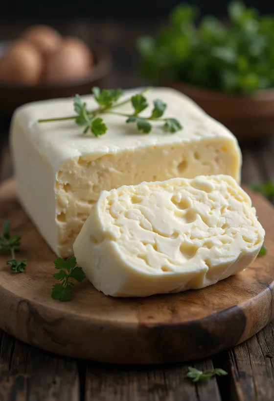 Buffelboter in een klein keramisch schaaltje, romige textuur, lichtgekleurd vet