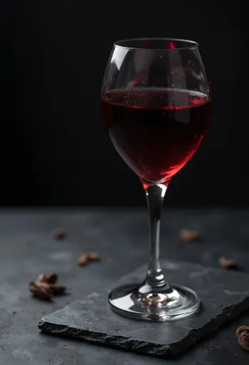 Glas wijn, omringd door druiven, most en een wijnvat