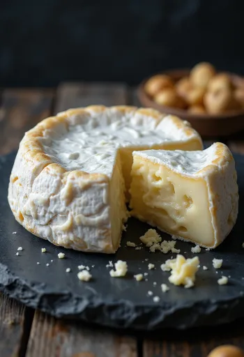 Punt verse romige Brie in een witte keramieken schaal op een houten tafel