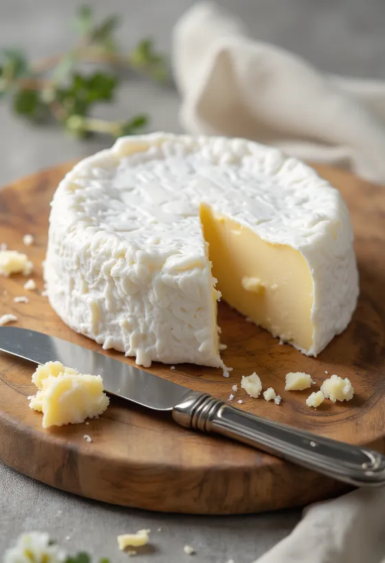 Gesneden brie op een houten snijplank, met romige binnenkant