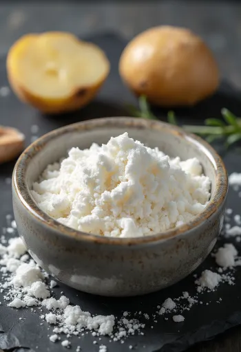 Aardappelzetmeel als fijn wit poeder in een kom en op een lepel