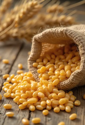 Geschoonde tarwekorrels in een zakje en gestrooid op een houten oppervlak