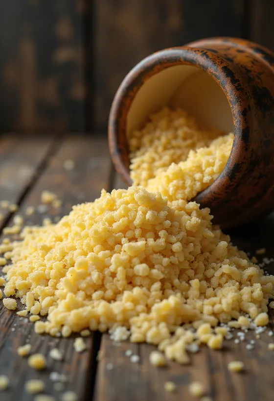 Rauw griesmeel in een rustieke keramische kom op een houten oppervlak