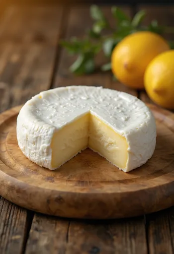 Punt romige Camembert in een schaaltje op een houten tafel