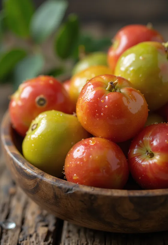 Verse camu camu bessen, heel en doorgesneden, rood-paars van kleur