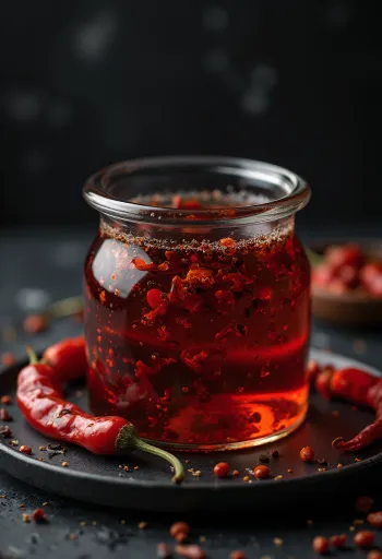 Rode chili-olie in een flesje en kommetje, met gedroogde pepers