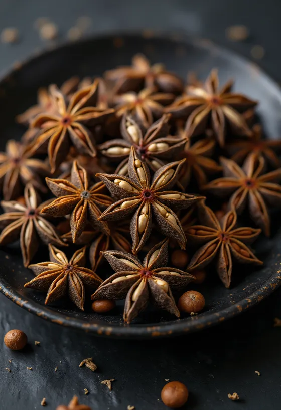 Gedroogde hele steranijs peulen op een houten ondergrond