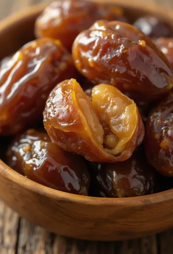 Gedroogde en verse dadels op een houten oppervlak, doorgesneden en heel, met pit