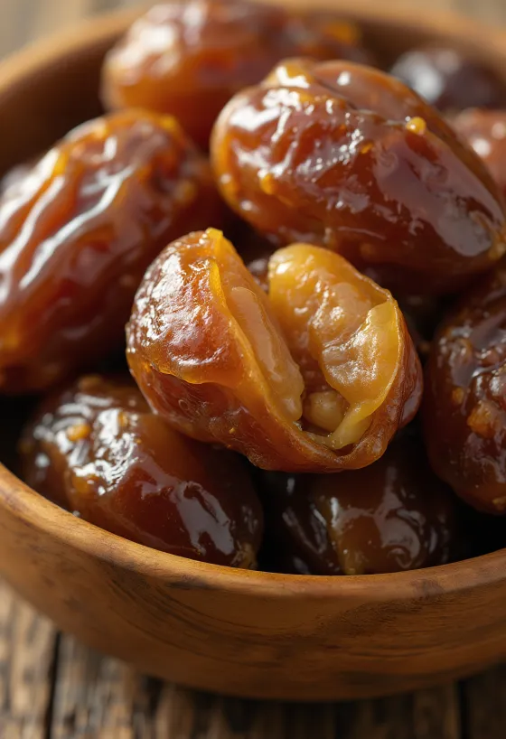 Gedroogde en verse dadels op een houten oppervlak, doorgesneden en heel, met pit