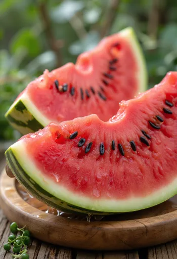 Verse, aangesneden watermeloen met rood vruchtvlees en zwarte pitten op een houten oppervlak