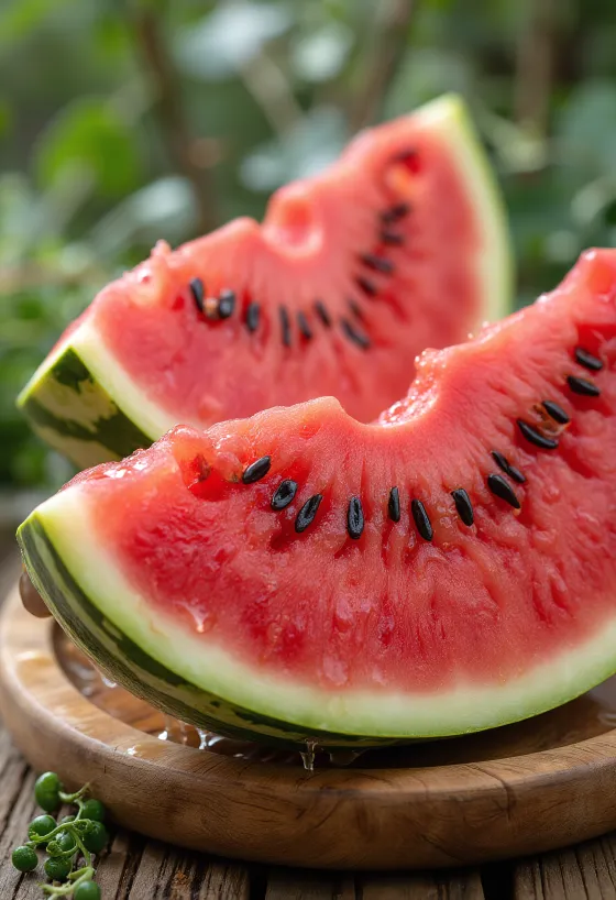 Verse, aangesneden watermeloen met rood vruchtvlees en zwarte pitten op een houten oppervlak