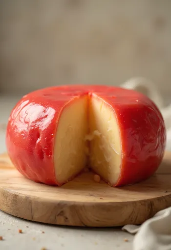 Gesneden Edammer kaas met rode waslaag op een houten kaassnijplank