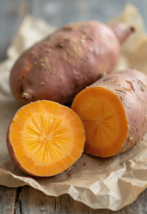 Gehalveerde en hele zoete aardappelen op een houten keukenplank
