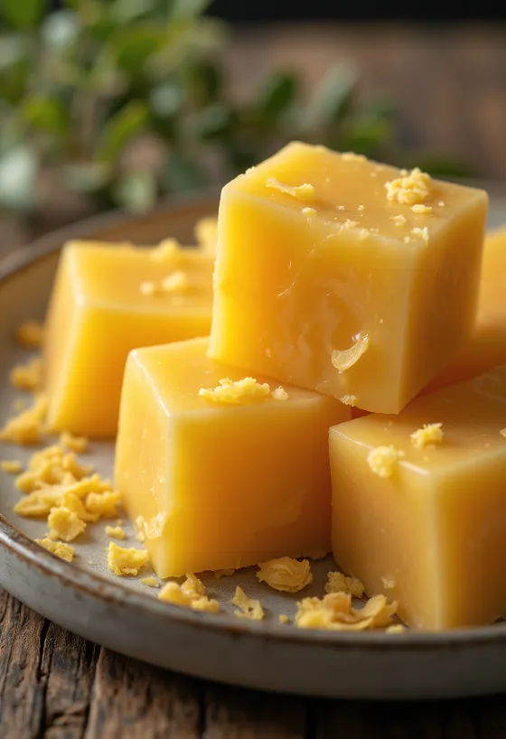 Bijenwasblok en -rasp van levensmiddelenkwaliteit op houten oppervlak