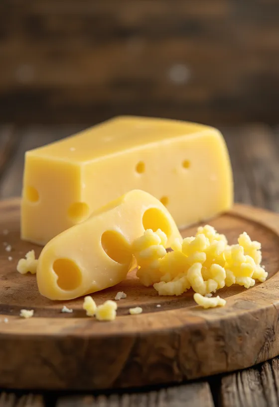 Stuk verse Emmentaler kaas met gaten in een schaaltje