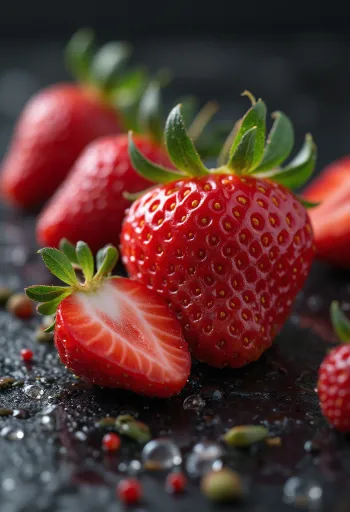 Verse hele en gehalveerde aardbeien op een rustieke houten tafel, met aardbeienjam