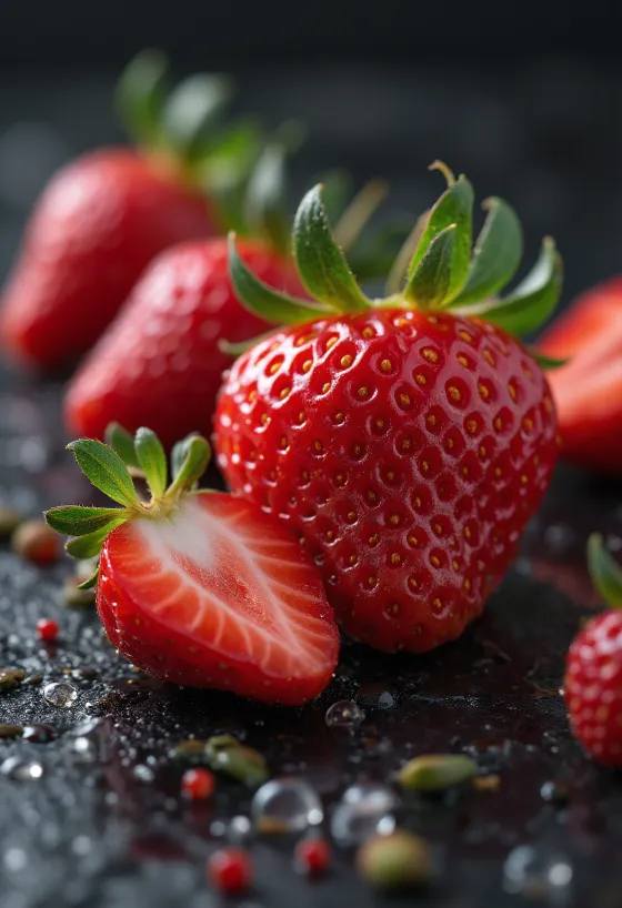 Verse hele en gehalveerde aardbeien op een rustieke houten tafel, met aardbeienjam
