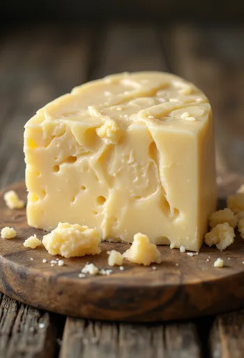 Blok witte cheddar kaas in een schaaltje op een houten ondergrond