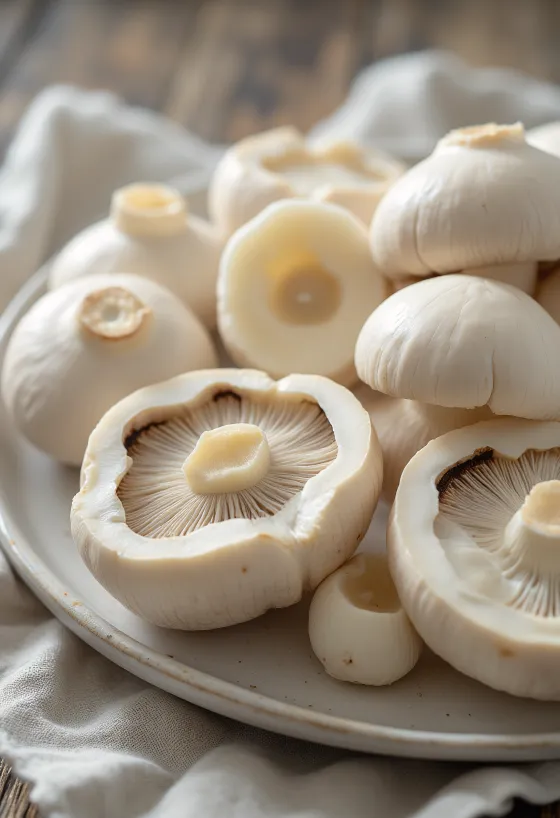 Gesneden witte champignons op een houten snijplank