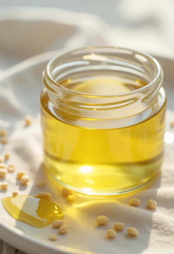 Witte sesamolie in fles en schaaltje, met sesamzaadjes ernaast