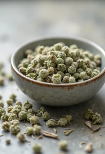 Losse witte thee in een kom en uitgestrooid op een keukenblad, met houten lepel