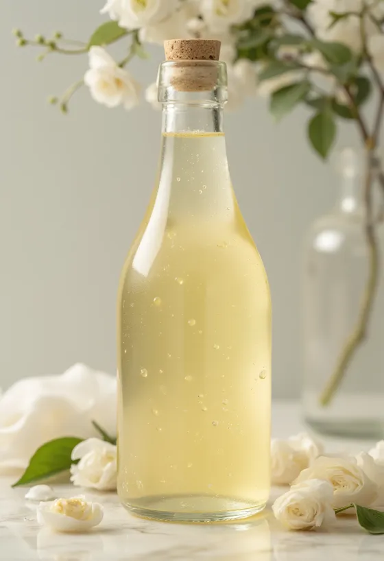 Witte wijnazijn in een glazen kom, met witte druiven, druivenmost en een fles met azijnmoeder