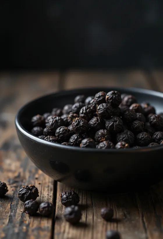 Zwarte peperkorrels in een houten kommetje en los verspreid