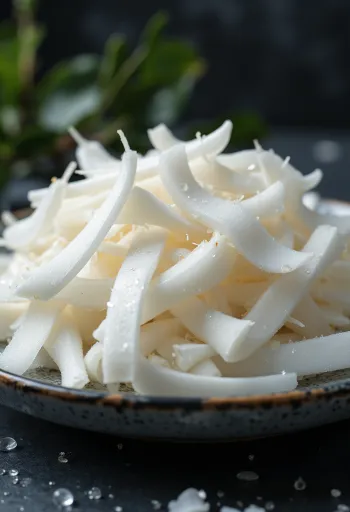 Verse kokossnippers in natuurlijke vorm op een witte achtergrond
