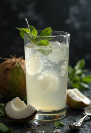 Vers kokoswater in een helder glas met kokosstukjes