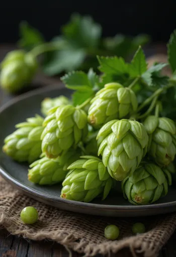 Verse hopbellen op houten oppervlak, sommige geopend met gele lupuline