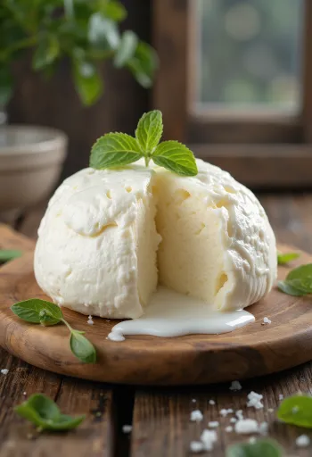 Verse mozzarella van koemelk in een witte schaal op een houten tafel