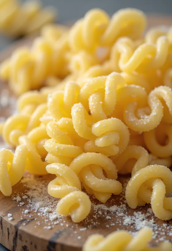 Droge fusilli pasta in spiraalvorm op een houten ondergrond