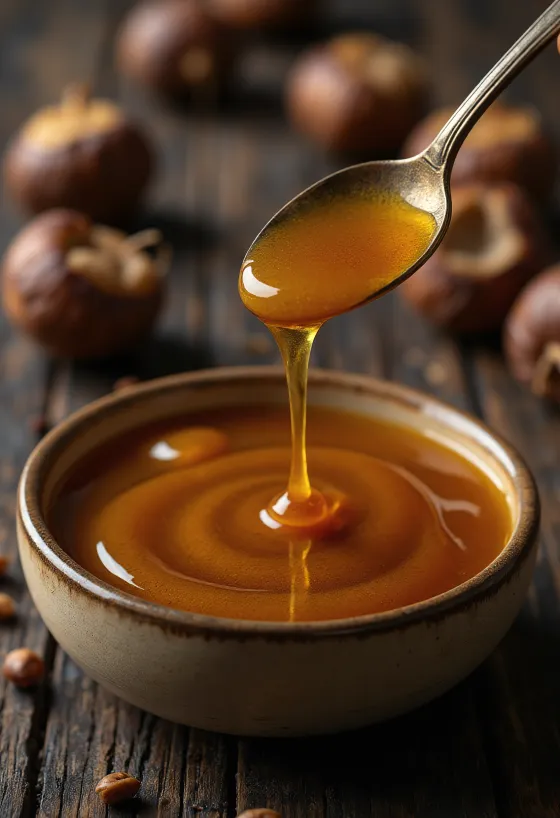 Donkere kastanjehoning in pot, met honingdipper en bloemen