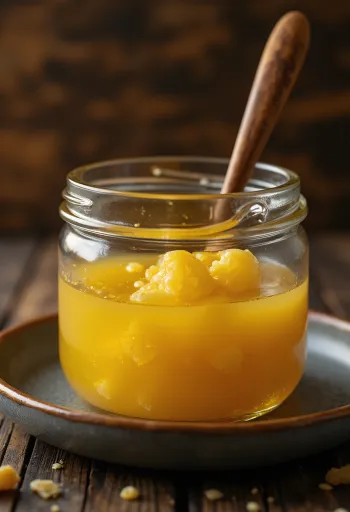 Gouden Ghee in een glazen pot met een lepel