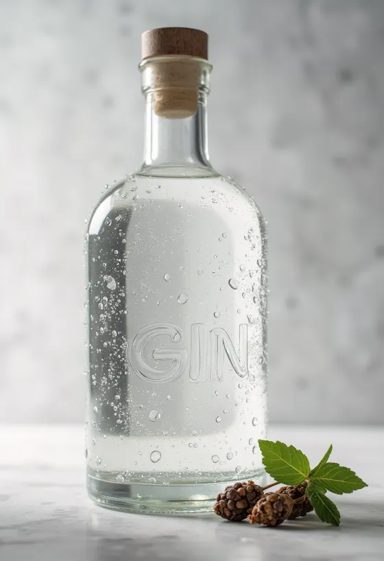 Fles gin en glas met ijs, omringd door jeneverbessen en specerijen
